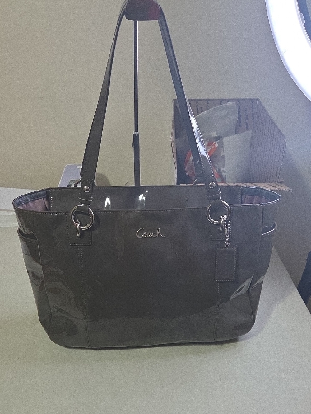 Coach Patent Leather Tote Bag in Olive Green